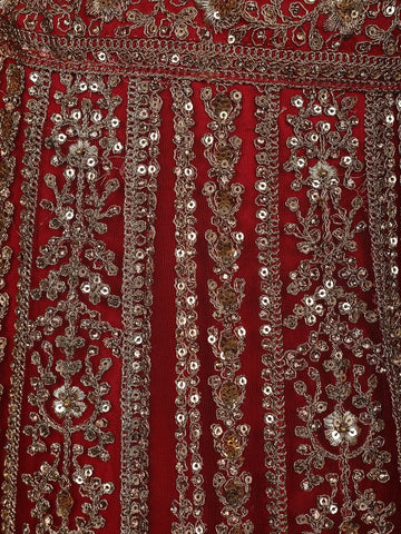 Red Floral Embroidery Bridal Net Lehenga - Diadem