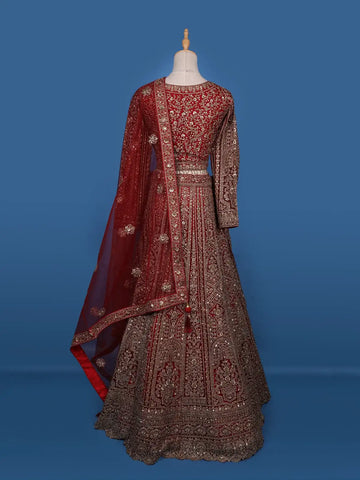 Red Floral Embroidery Bridal Net Lehenga - Diadem