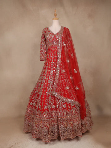 Red Floral Embroidery Net Bridal Gown - Diadem