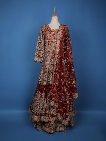 Red Floral Embroidery Net Bridesmaid Gown - Diadem