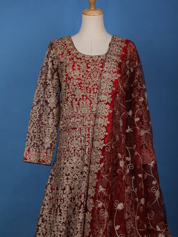 Red Floral Embroidery Net Bridesmaid Gown - Diadem