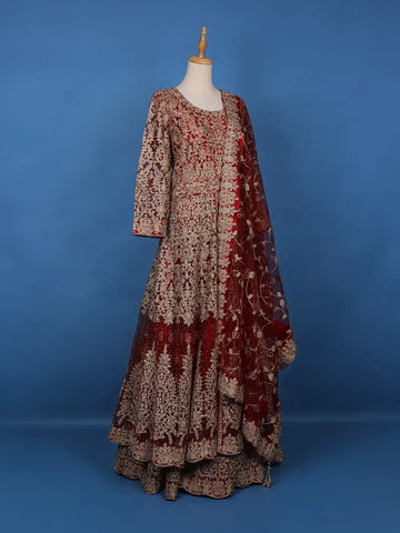 Red Floral Embroidery Net Bridesmaid Gown - Diadem