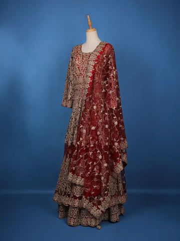 Red Floral Embroidery Net Bridesmaid Gown - Diadem