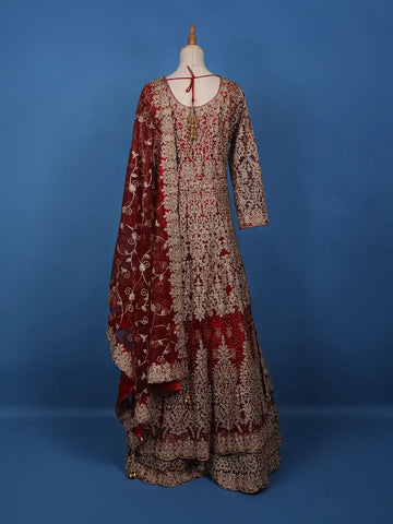 Red Floral Embroidery Net Bridesmaid Gown - Diadem