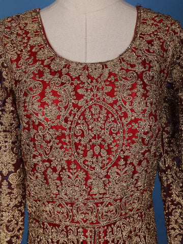 Red Floral Embroidery Net Bridesmaid Gown - Diadem