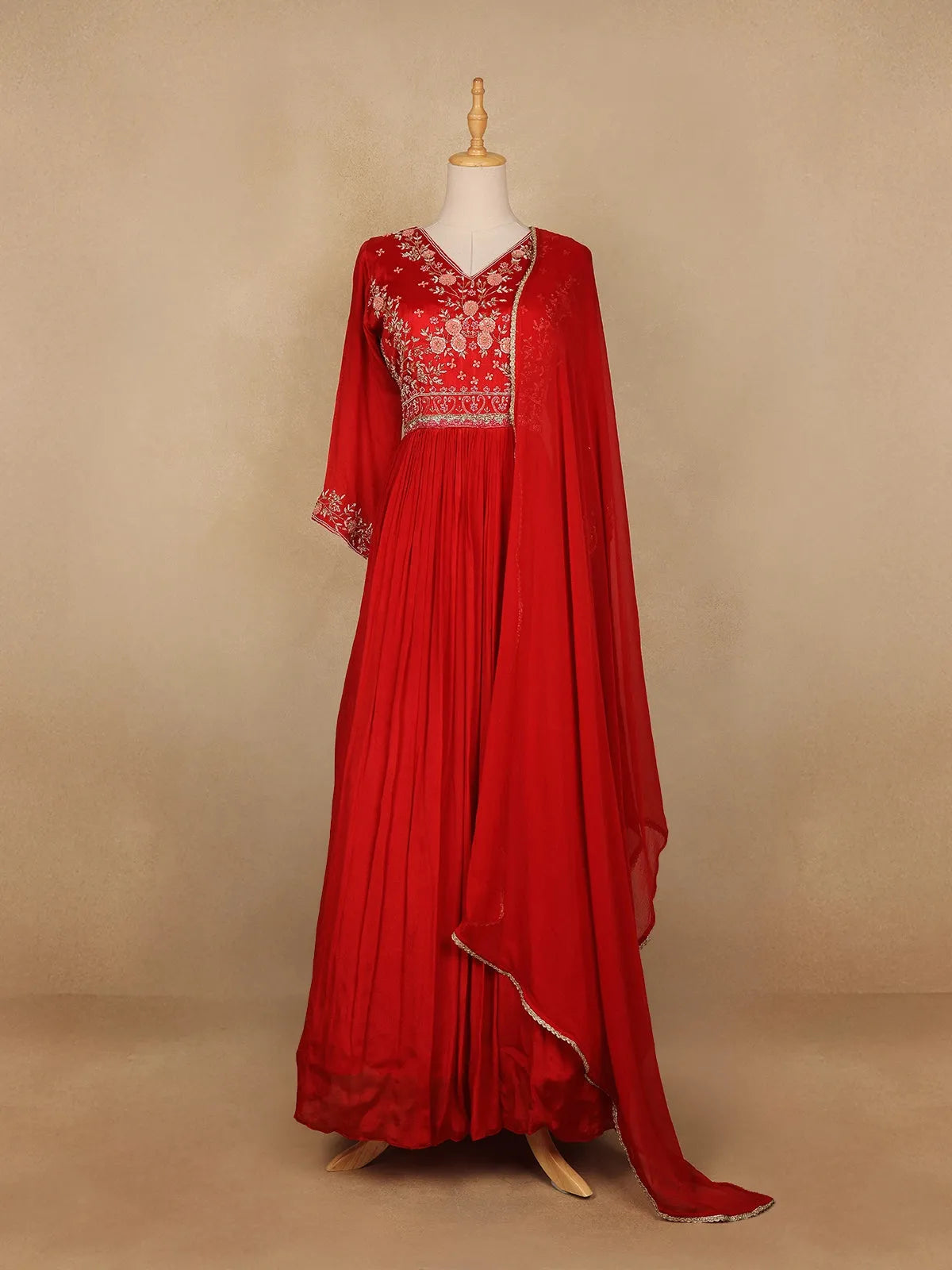 Red Floral Embroidery Semi Silk Gown - Diadem
