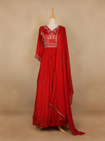 Red Floral Embroidery Semi Silk Gown - Diadem