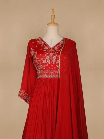 Red Floral Embroidery Semi Silk Gown - Diadem