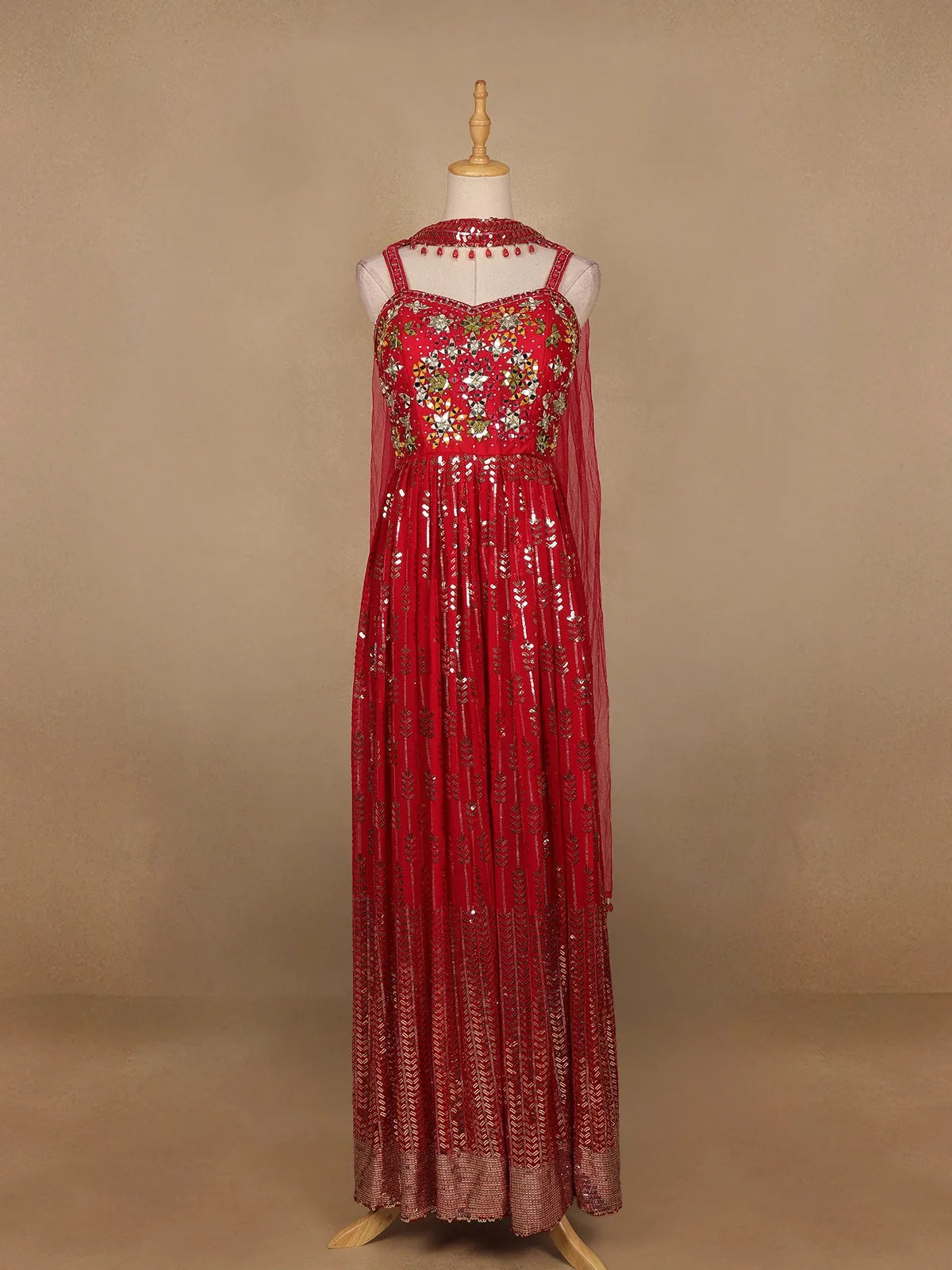 Red Floral Mirror Embroidery Georgette Jumpsuit - Diadem