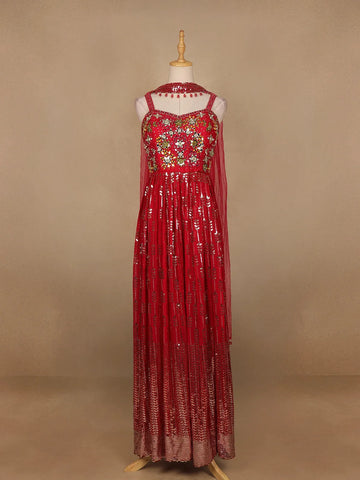 Red Floral Mirror Embroidery Georgette Jumpsuit - Diadem