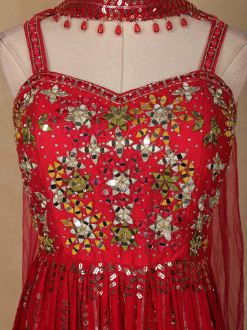 Red Floral Mirror Embroidery Georgette Jumpsuit - Diadem