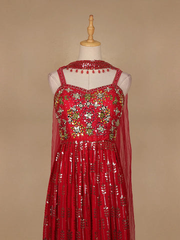 Red Floral Mirror Embroidery Georgette Jumpsuit - Diadem