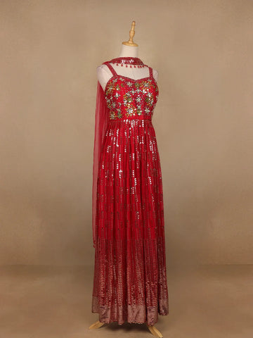 Red Floral Mirror Embroidery Georgette Jumpsuit - Diadem