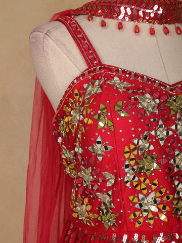 Red Floral Mirror Embroidery Georgette Jumpsuit - Diadem