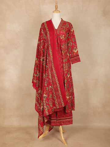 Red Floral Printed Cotton Salwar Suit - Diadem