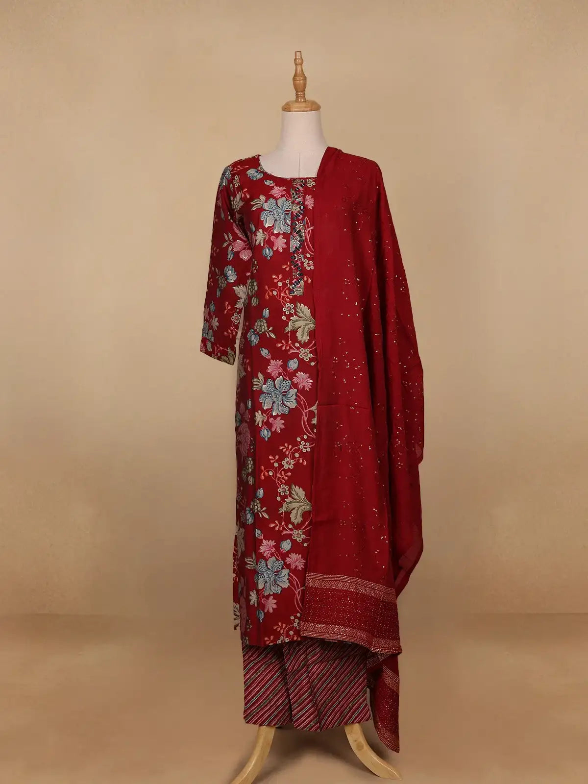Red Floral Printed Semi Silk Salwar Suit - Diadem