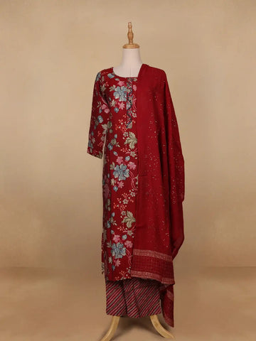 Red Floral Printed Semi Silk Salwar Suit - Diadem