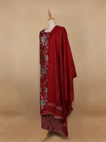 Red Floral Printed Semi Silk Salwar Suit - Diadem