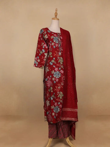 Red Floral Printed Semi Silk Salwar Suit - Diadem