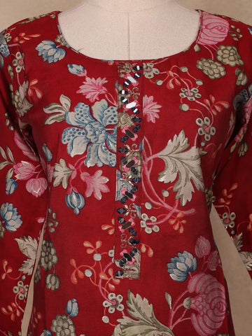 Red Floral Printed Semi Silk Salwar Suit - Diadem