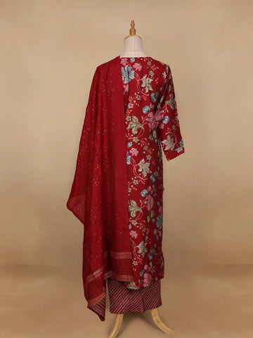 Red Floral Printed Semi Silk Salwar Suit - Diadem