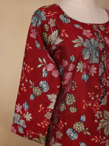 Red Floral Printed Semi Silk Salwar Suit - Diadem