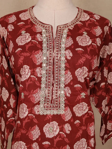 Red Floral Prints Cotton Straight Cut Salwar Suit - Diadem