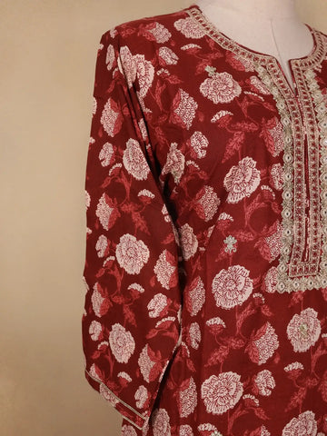 Red Floral Prints Cotton Straight Cut Salwar Suit - Diadem