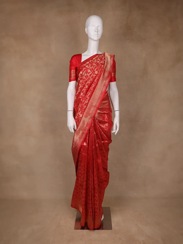 Red Floral Woven Banarasi Silk Saree - Diadem