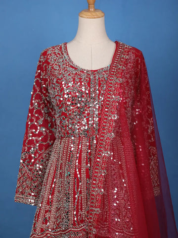 Red Mirror Embroidered Georgette Palazzo Salwar Suit - Diadem