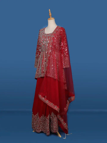 Red Mirror Embroidered Georgette Palazzo Salwar Suit - Diadem
