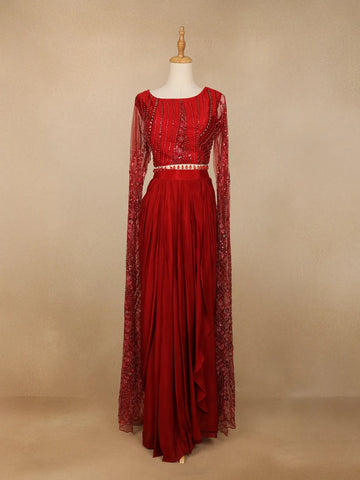 Red Net Embroidered Designed Indowestern Lehenga - Diadem