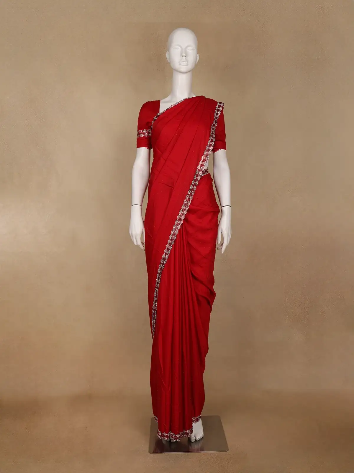 Red Satin Fancy Saree with Designed Border - Diadem