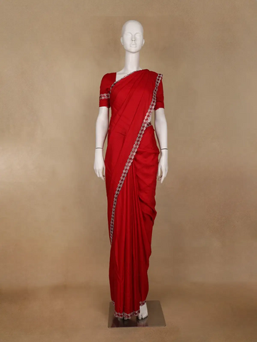 Red Satin Fancy Saree with Designed Border - Diadem