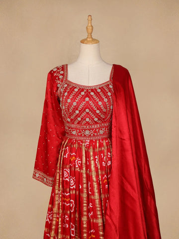 Red Semi Silk Floral Embroidery Party Wear Gown - Diadem