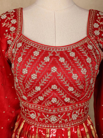 Red Semi Silk Floral Embroidery Party Wear Gown - Diadem