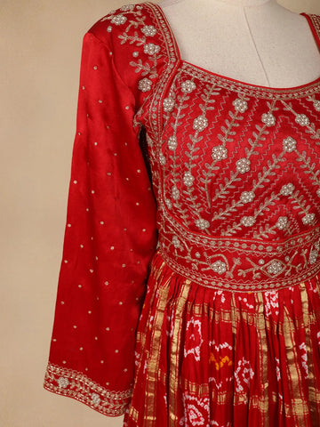 Red Semi Silk Floral Embroidery Party Wear Gown - Diadem