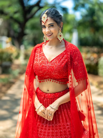 Red Sequins Embroidered Net Lehenga for Bridesmaids - Diadem