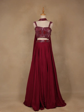 Red Sequins Embroidered Satin Lehenga - Diadem