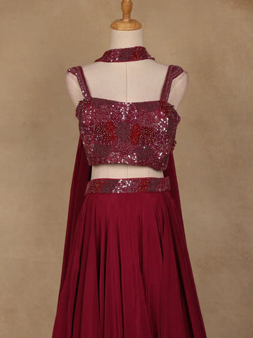 Red Sequins Embroidered Satin Lehenga - Diadem