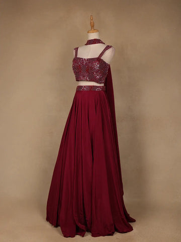 Red Sequins Embroidered Satin Lehenga - Diadem
