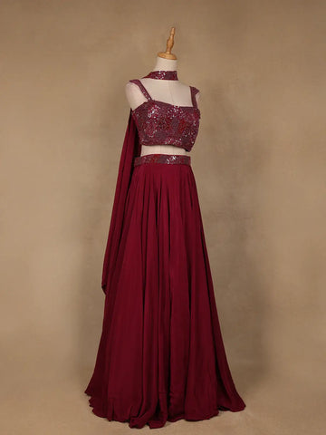 Red Sequins Embroidered Satin Lehenga - Diadem