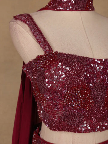 Red Sequins Embroidered Satin Lehenga - Diadem