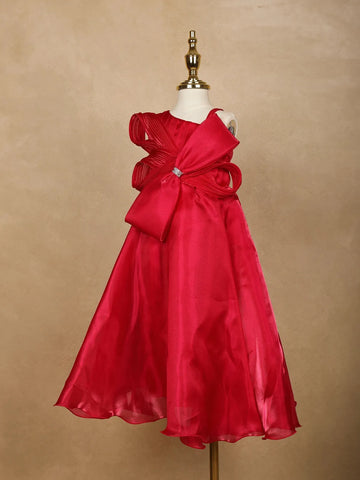 Red Solid Design Organza Party Gown for Girls - Diadem