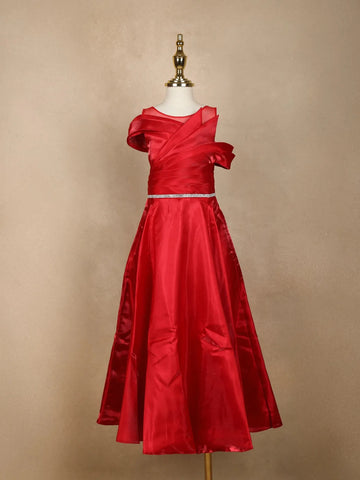 Red Solid Design Organza Party Gown for Girls - Diadem