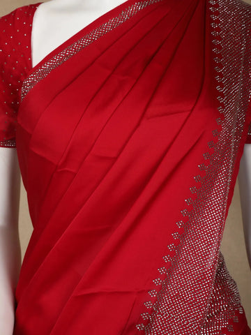 Red Solid Satin Fancy Saree with Designed Border - Diadem