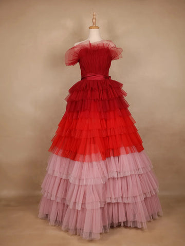 Red and Pink Ombre Tiered Ruffle Ball Gown in Tulle Net - Diadem
