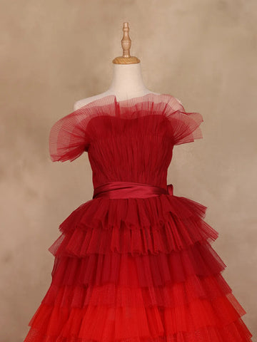 Red and Pink Ombre Tiered Ruffle Ball Gown in Tulle Net - Diadem