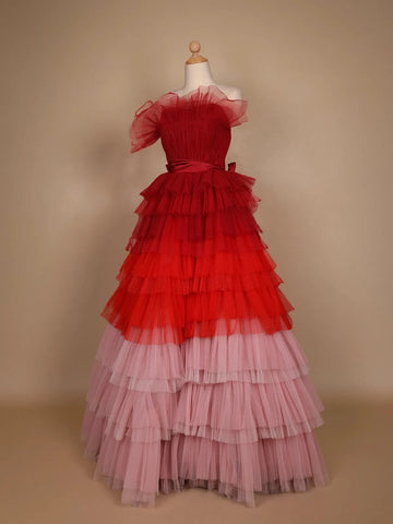Red and Pink Ombre Tiered Ruffle Ball Gown in Tulle Net - Diadem