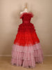 Red and Pink Ombre Tiered Ruffle Ball Gown in Tulle Net - Diadem